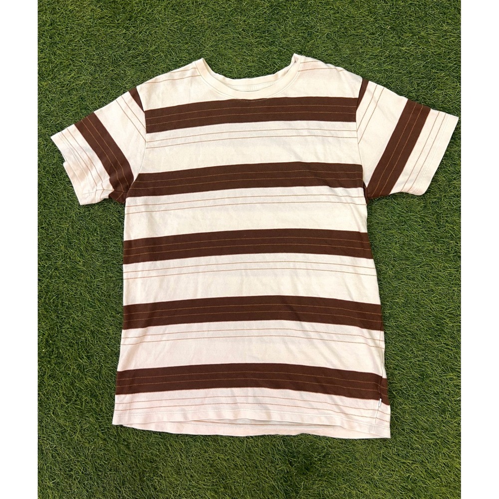 Katin Mens Striped Short Sleeve T-Shirt Cream Brown Cotton Crew Neck Large